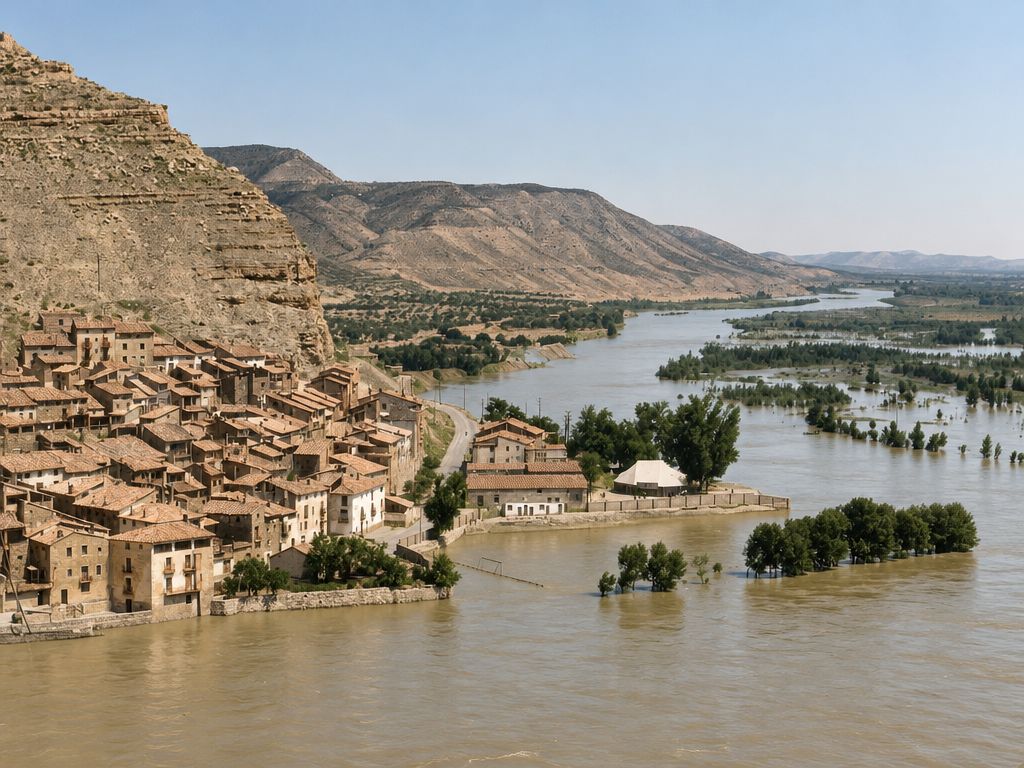 Casas escalonadas junto al agua de una riada, con un recinto con carpa, arboledas anegadas y, a la derecha, el río ensanchado entre campos inundados.