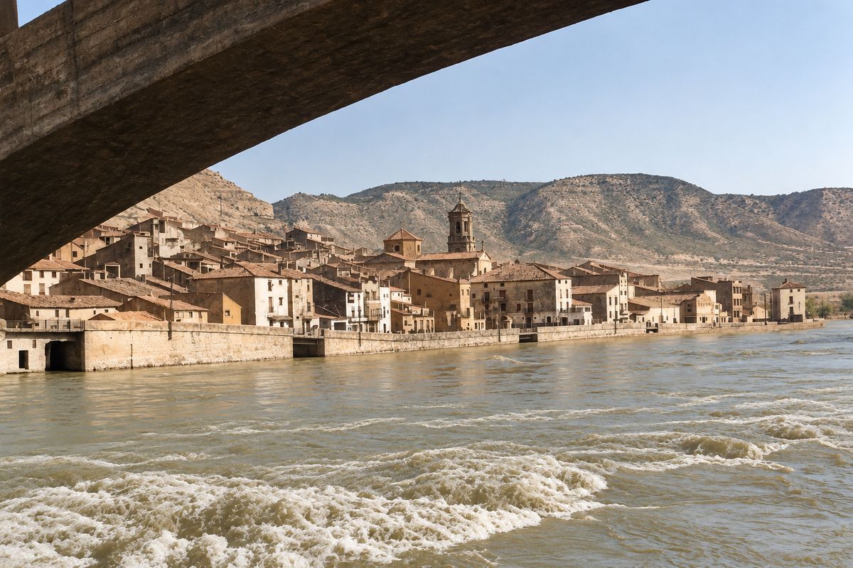 Bajo la viga curva de un puente se ve el frente de casas junto al muro, con la iglesia de cimborrio y torre y una casa alta al final; delante, el río agitado.