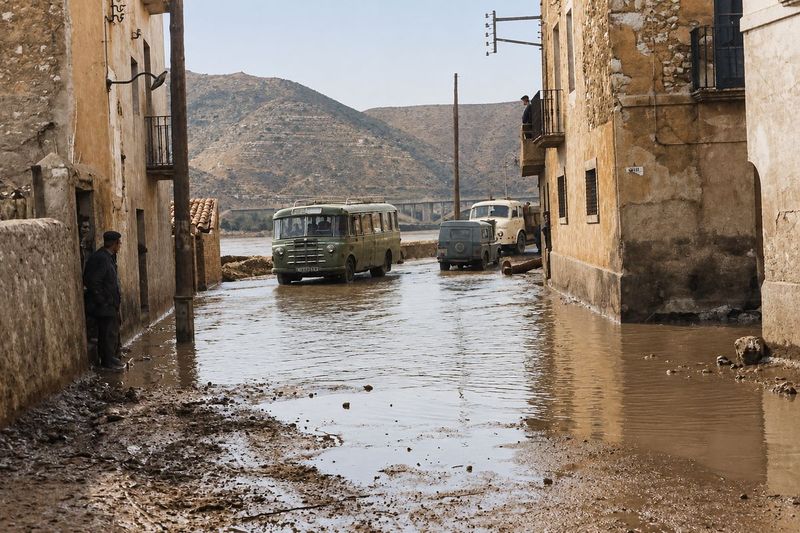 Una calle con balcones y un farol de brazo anegada por la riada; un autobús, un todoterreno y un camión quedan en el agua, con el puente y los cerros al fondo.