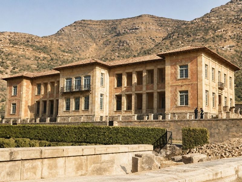 El edificio del Grupo Escolar, de varios cuerpos con tejado a cuatro aguas, sobre una terraza con balaustrada, un muro y un seto; detrás, un cerro, y dos personas junto a la entrada.
