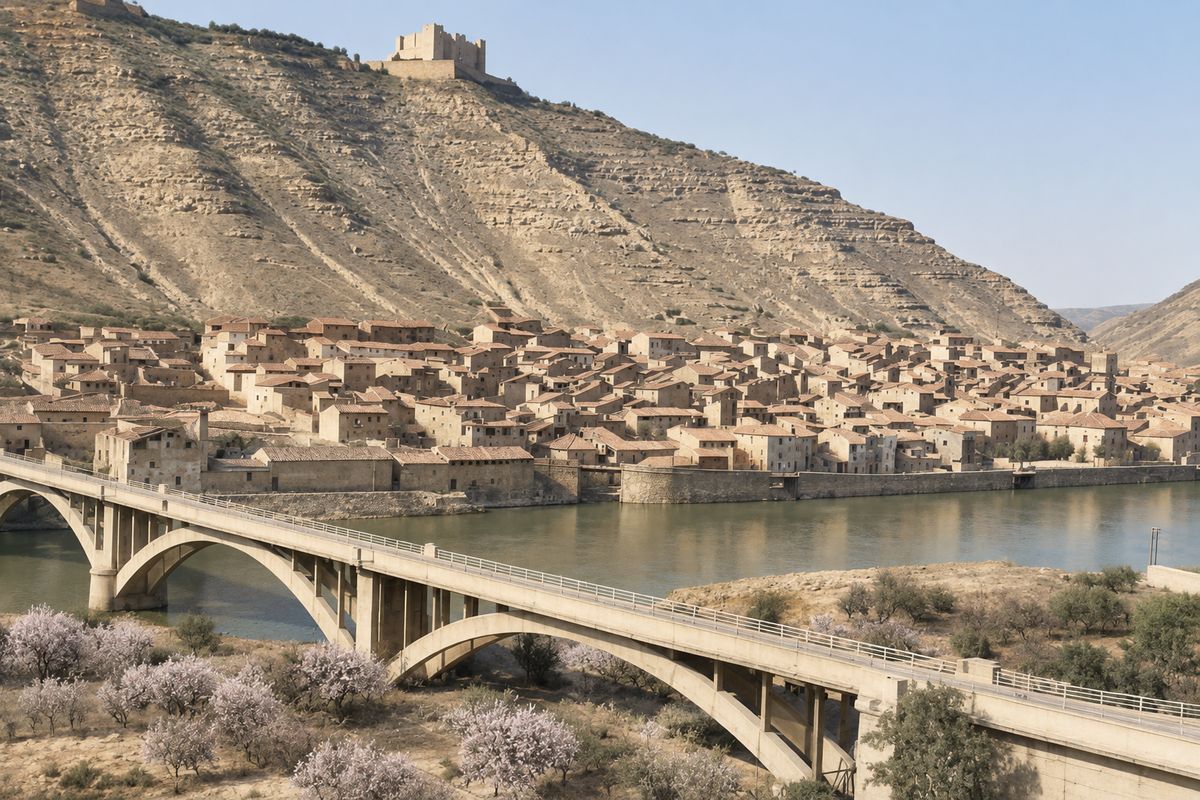 Puente con barandilla en primer plano, el río, el muro de ribera y el caserío escalonado bajo el castillo, con almendros en flor delante.