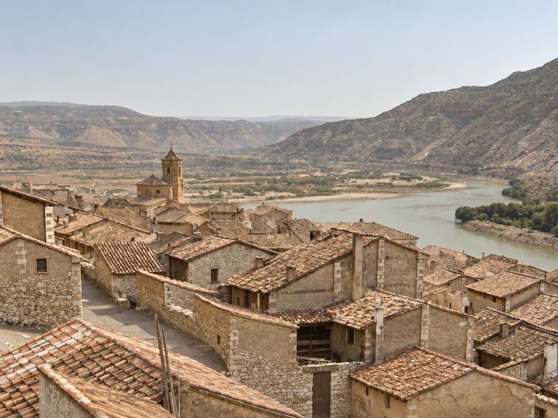 Tejados de teja, muros de mampostería y callejas que bajan hacia el campanario de la iglesia; al fondo, el río en una curva y las montañas.