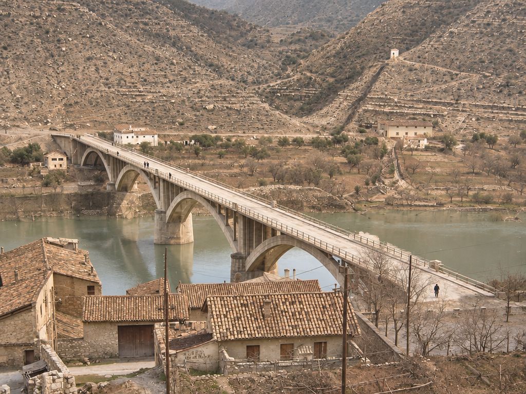 El puente de arcos de hormigón en diagonal sobre el río, con peatones en el tablero y, en primer plano, los tejados de las casas de entrada.