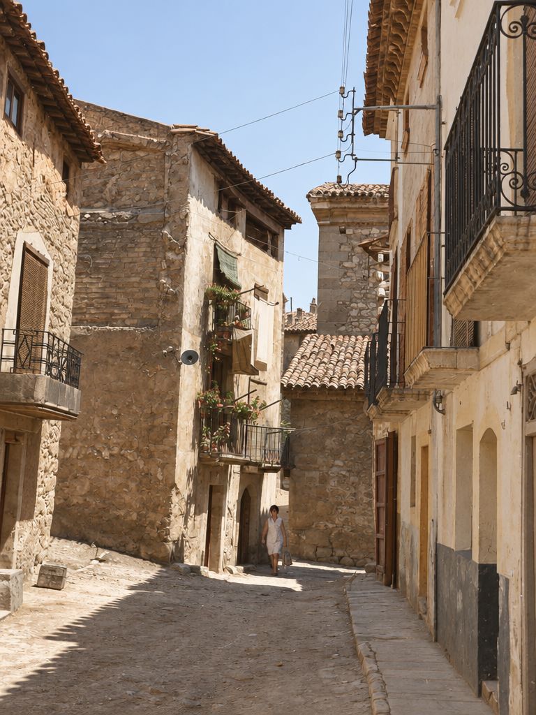 Calle en cuesta entre muros de mampostería y balcones de forja, con sombras marcadas, tejados al fondo y una mujer que camina lejos.