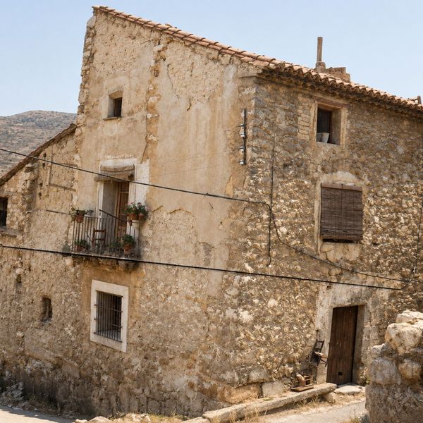 Casa de mampostería de tres plantas con un balcón de forja, una ventana enrejada, un portal en la planta baja y tejado de teja, con un cerro al fondo y cables cruzando la fachada.