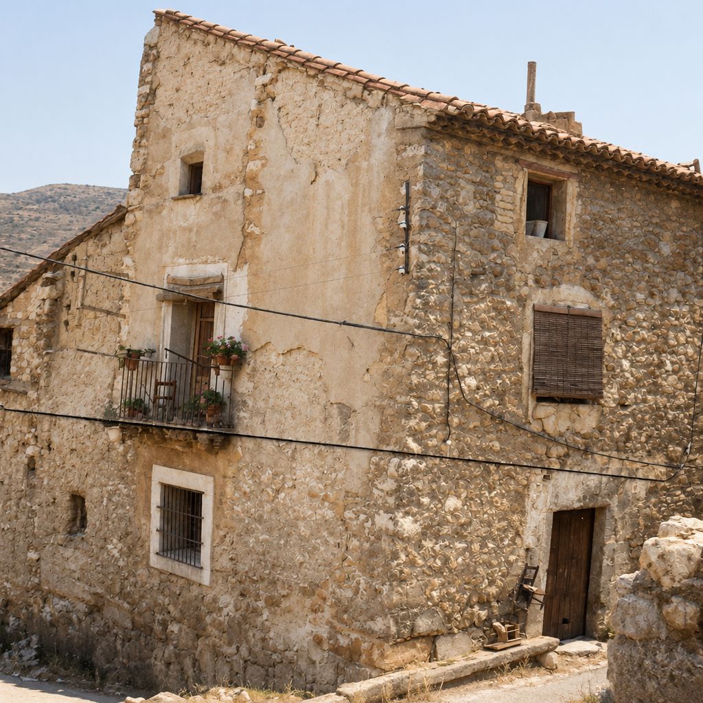Casa de mampostería de tres plantas con un balcón de forja, una ventana enrejada, un portal en la planta baja y tejado de teja, con un cerro al fondo y cables cruzando la fachada.