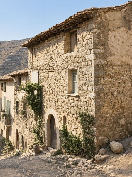 Una casa de sillares con portal de arco y tejado de teja, junto a una hilera de casas encaladas, en una calle de tierra en cuesta con un cerro abancalado detrás.