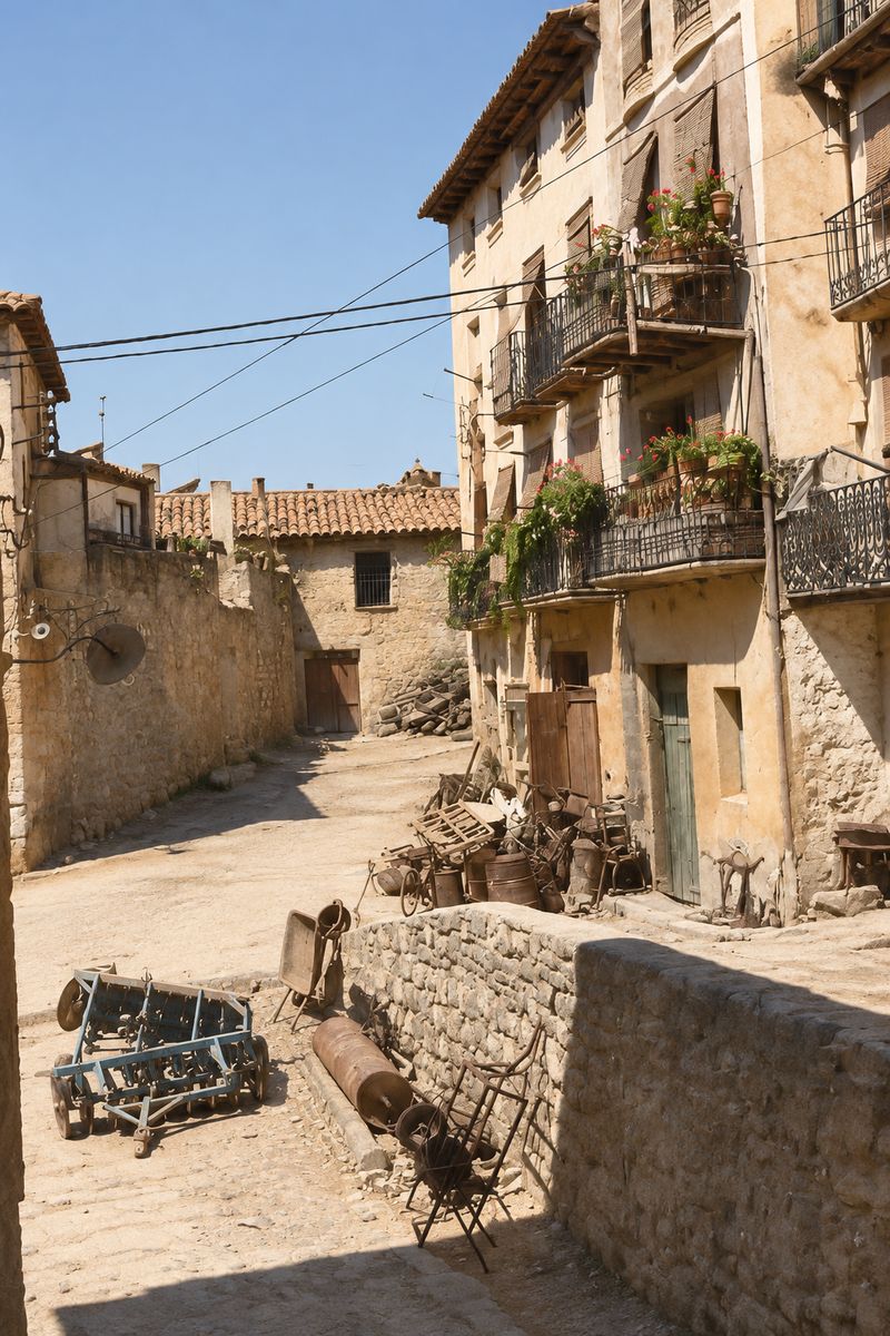 Cuesta con casas de cuatro plantas y balcones corridos, aperos de labranza y una bicicleta delante de las herrerías, y una muralleta de piedra en primer plano.