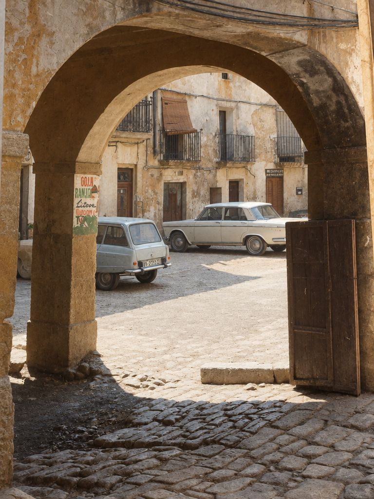 La plaza vista a través de un gran arco de piedra, con empedrado, dos coches aparcados, un cartel pegado en el pilar y una hoja de puerta abierta a la derecha.