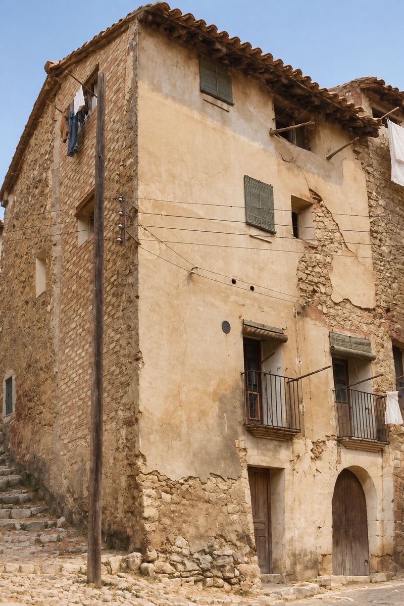 Casa de esquina de cuatro plantas vista en escorzo, con balcones de forja, un portal de arco, una escalera de piedra a la izquierda y cables que cruzan la fachada.