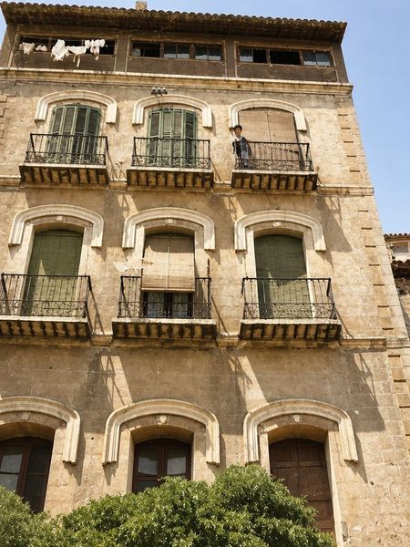 Fachada de cuatro plantas con arcos rebajados, balcones de forja y cornisa de teja, con vegetación en la base y ropa tendida arriba; una persona asoma a un balcón.