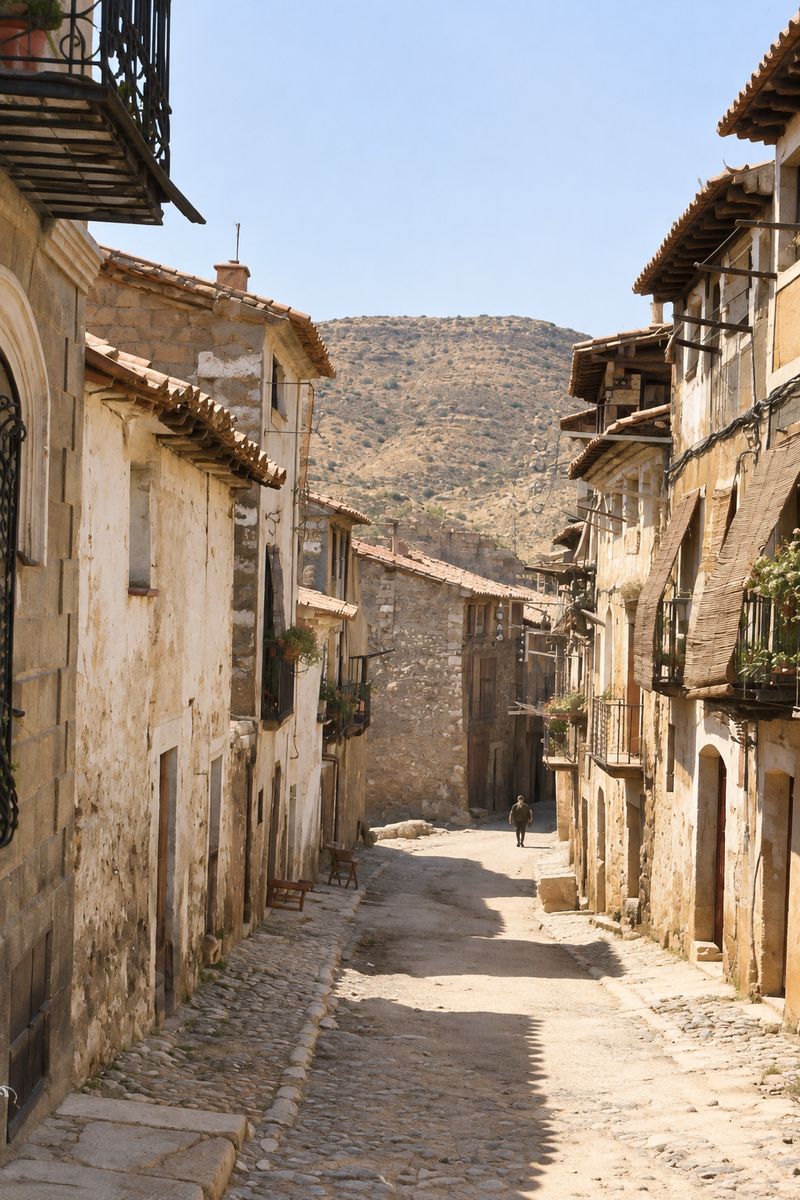 Calle larga y recta que baja hacia un cerro pelado, entre casas con aleros, balcones, toldos de cañizo y portales de arco; una persona camina lejos.