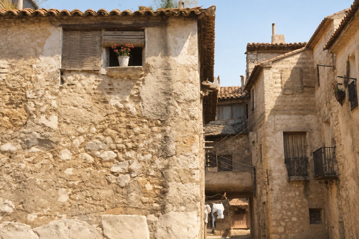 Muro de mampostería con alero de teja y una ventana con una maceta; a la derecha, un callejón con paso cubierto, ropa tendida al fondo y casas con balcones.
