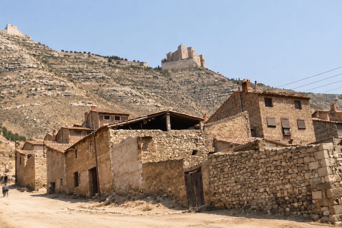 Casas de mampostería y tapias de piedra al borde del pueblo, bajo un cerro abancalado con el castillo en lo alto; una calle de tierra y dos figuras lejanas a la izquierda.