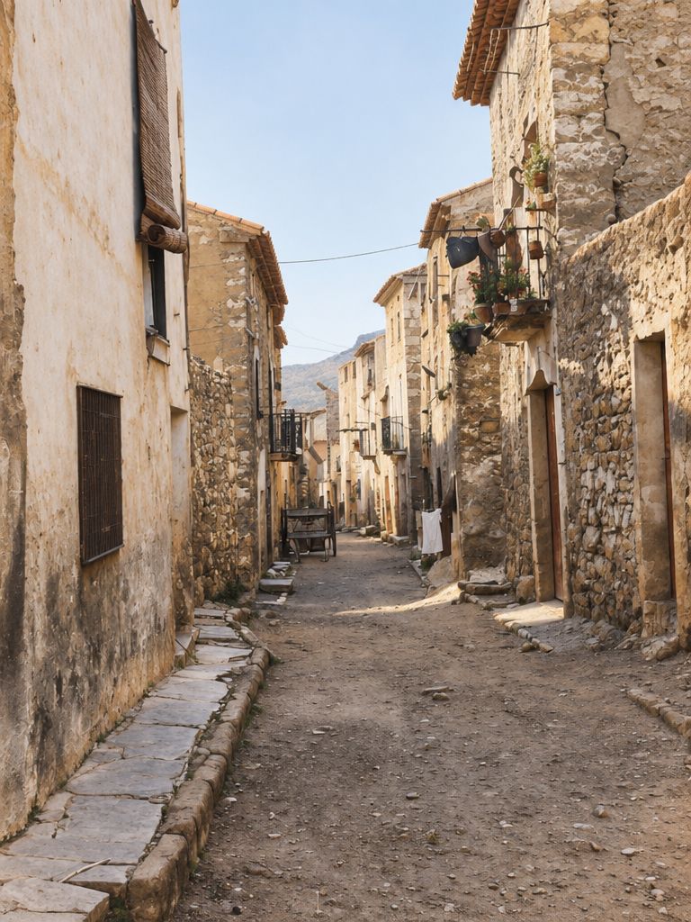 Calle larga con acera de losas, casas de piedra con balcones de forja y ropa tendida, y un carro al fondo.