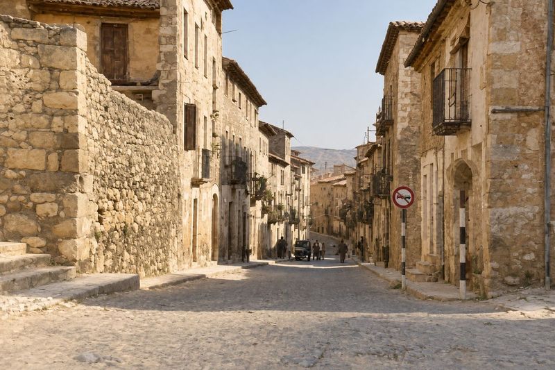 Calle ancha con un gran muro de sillares y escalones a la izquierda, casas de tres y cuatro plantas, una señal de tráfico en un poste a rayas y unas figuras lejos.