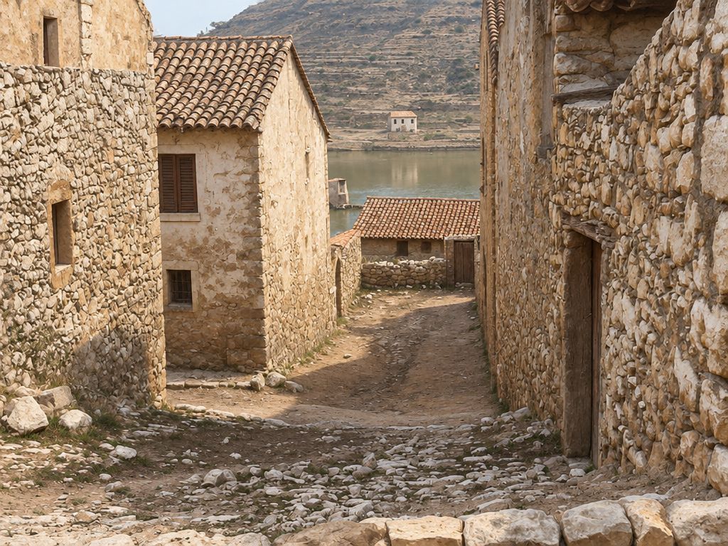 Callejón empedrado en bajada entre casas de mampostería, con el agua y una ladera de bancales al fondo y una casa blanca en lo alto.