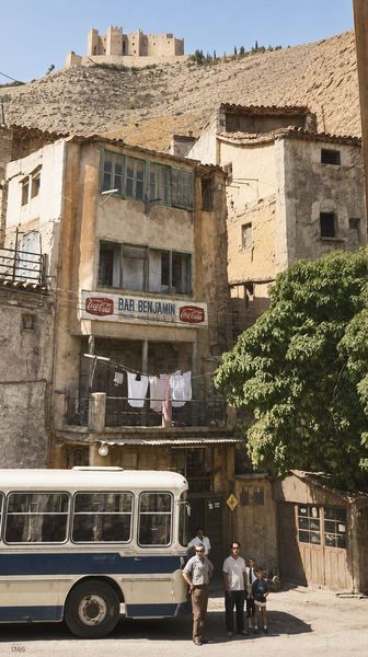 Edificio de cuatro plantas con el rótulo del Bar Benjamín y un autocar de línea delante, con varias personas; un árbol grande a la derecha y el castillo en lo alto del cerro.