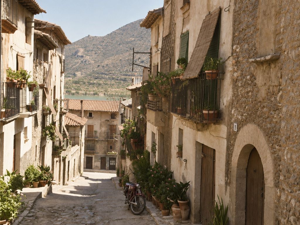 Calle empedrada en pendiente con casas encaladas, macetas, un gran portal de arco y una moto aparcada; al fondo, un monte con bancales.