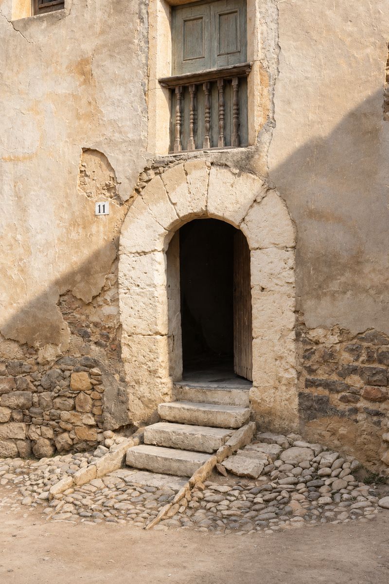Portal de arco de medio punto con dovelas y tres escalones sobre un empedrado, con una puerta de madera entreabierta, un balcón de balaustres arriba y una placa con el 11.