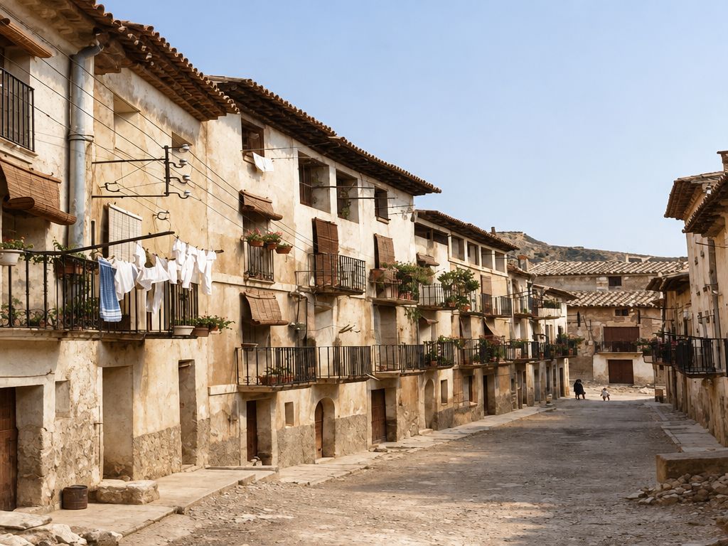 Calle ancha y recta con balcones corridos con macetas, ropa tendida, aleros y aceras de losa; al fondo se ven dos figuras pequeñas.