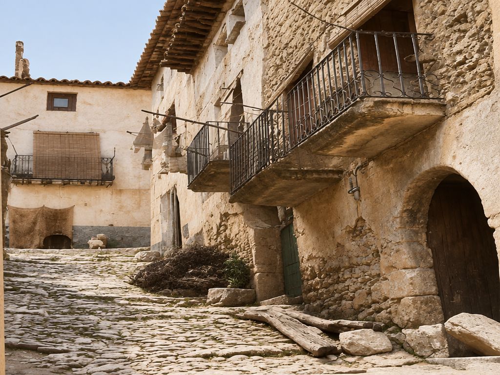 Calle de cantos rodados con balcones de hierro volados y, a la derecha, un portal de arco de medio punto; en el suelo, un montón de leña y unos tablones.