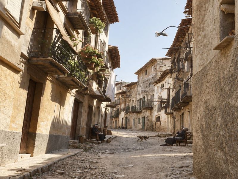 Calle empedrada en perspectiva con balcones llenos de macetas, una farola de brazo, un perro cruzando y dos personas sentadas en sillas.