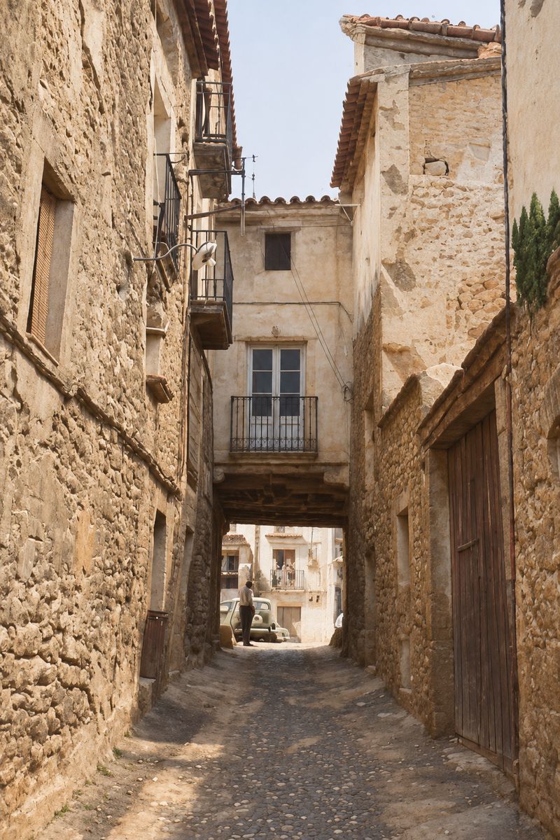 Una calle estrecha entre muros de piedra, con un pasadizo cubierto bajo una casa y, al fondo, una plaza soleada con un coche y una persona.