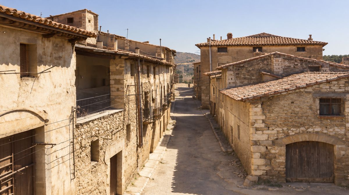 La calle La Barca, seca, vista desde arriba: baja recta entre casas de mampostería con balcones y un portal de arco, sin nadie en primer plano.