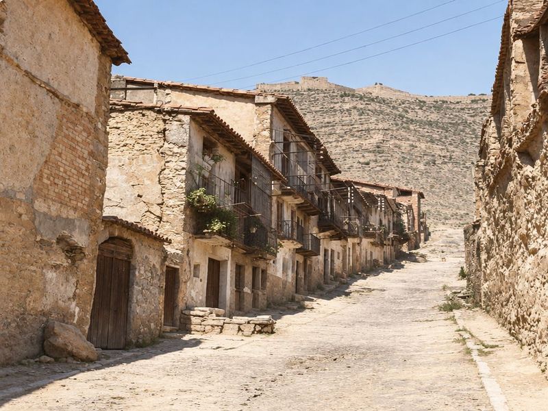 Calle empedrada en cuesta entre casas con balcones y galerías de madera y un portal de arco; sobre el cerro del fondo, las murallas del castillo.