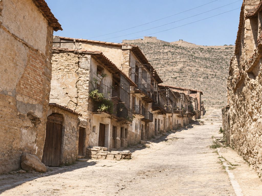 Calle empedrada en cuesta entre casas con balcones y galerías de madera y un portal de arco; sobre el cerro del fondo, las murallas del castillo.