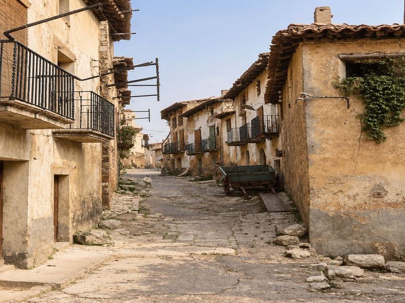 Calle empedrada en leve pendiente con balcones volados, brazos de farola, una casa de esquina con enredadera y, al fondo, un carro y piedras sueltas.
