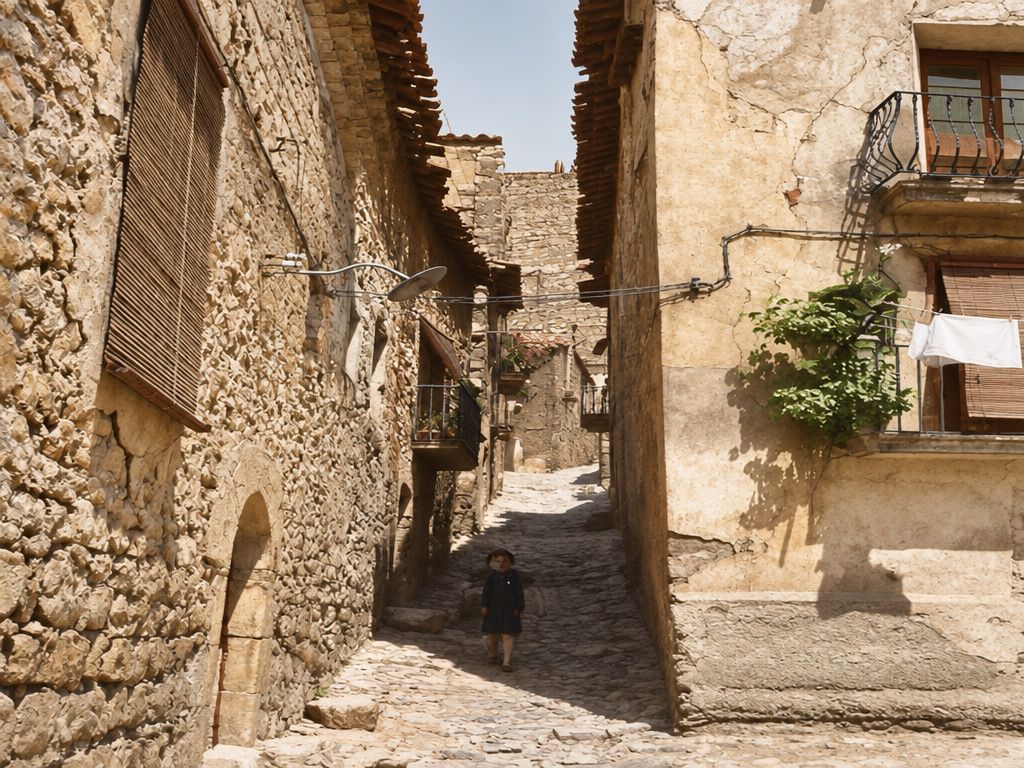Callejón empedrado entre muros de mampostería, con un portal de arco, un balcón con plantas, ropa tendida, una farola de brazo y una figura al fondo.