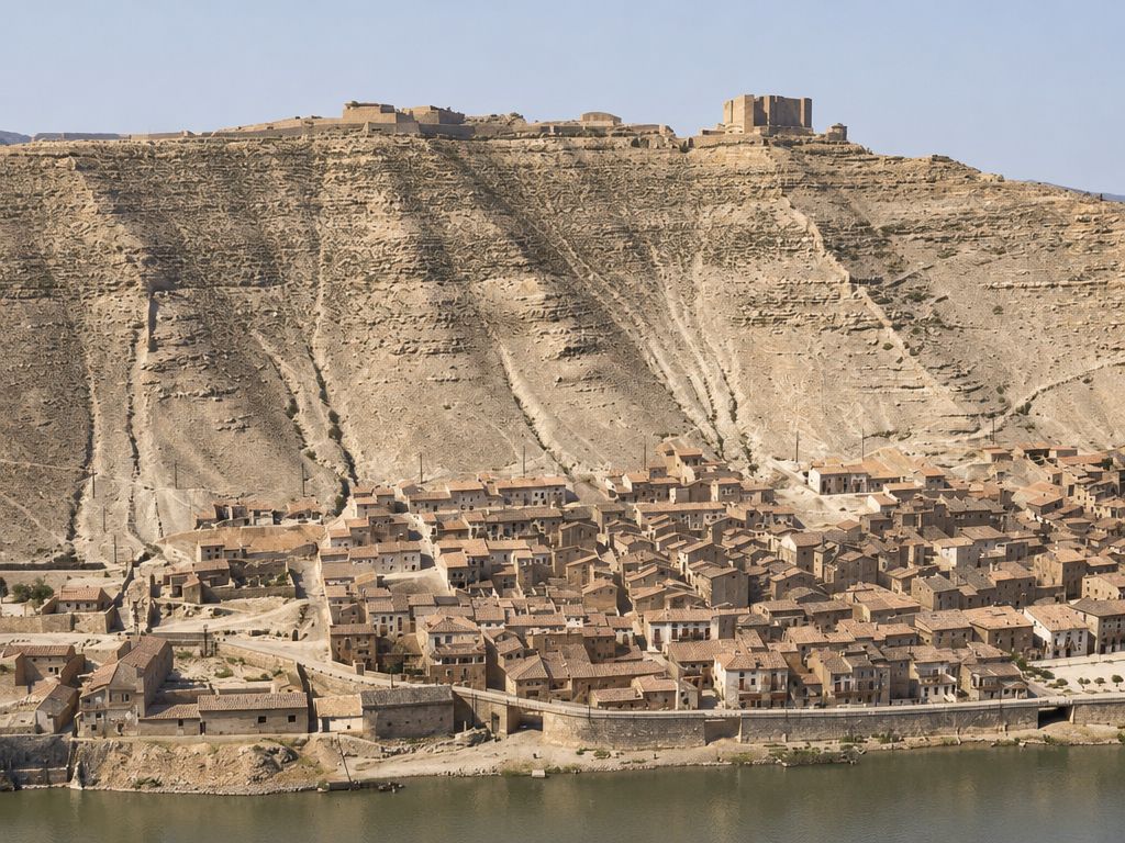 El caserío se aprieta al pie del cerro rematado por el castillo; el paseo y el muro de ribera lo separan del río, que ocupa el primer plano.