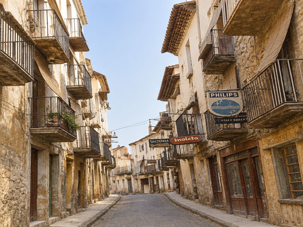 Calle Mayor con comercios, rótulos de PHILIPS y de otras tiendas, toldos y balcones volados que se estrechan hacia el fondo.