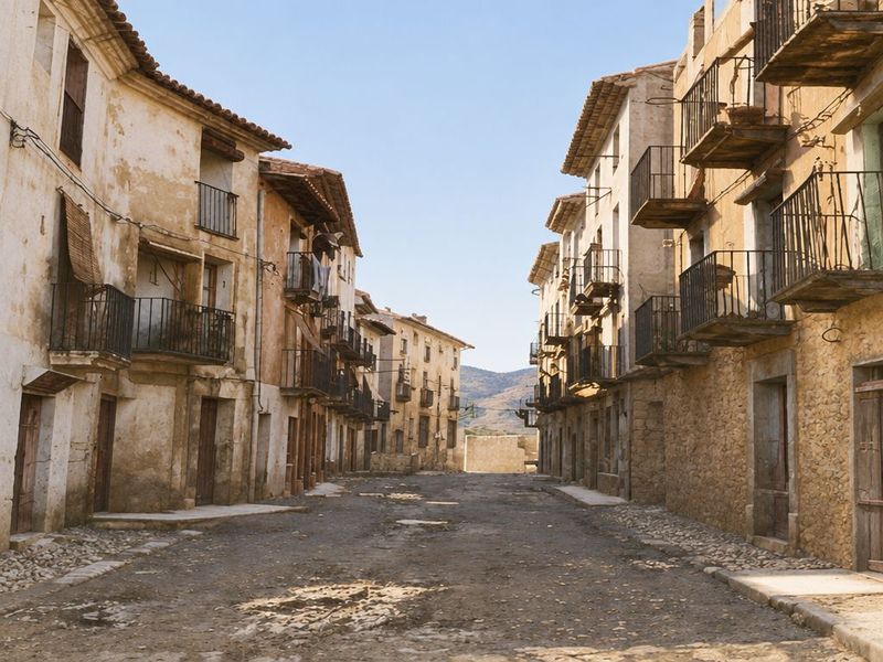 Calle ancha y recta entre casas con balcones volados y aleros, sin gente, con suelo de tierra y un muro cerrando el fondo.