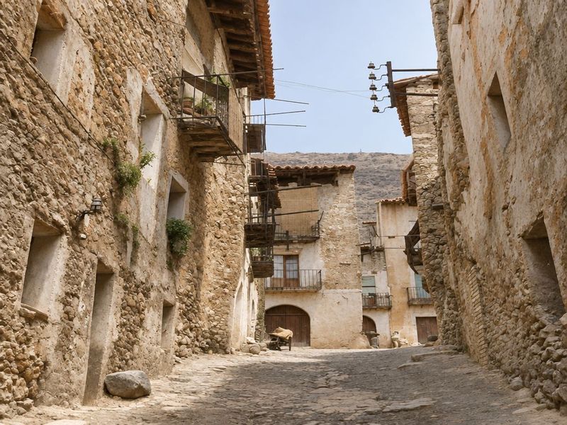 Calle entre casas de mampostería con balcones de madera y hierro, un poste con aisladores y, al fondo, un portal en arco y una carretilla.