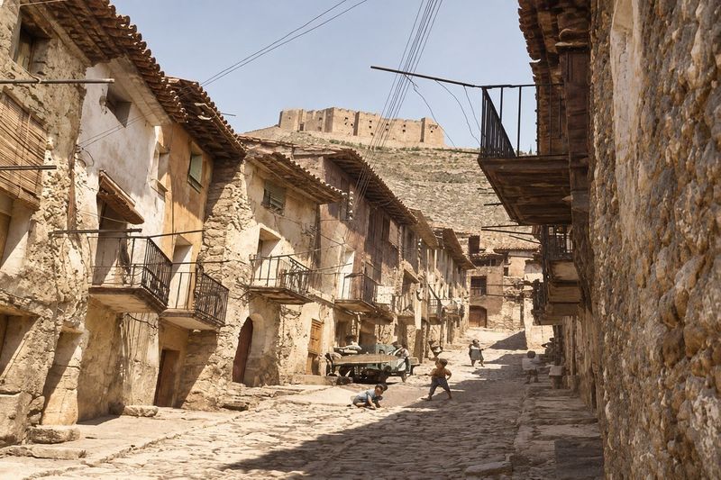 Calle empedrada con balcones y galerías de madera, niños pequeños jugando al fondo y el castillo almenado sobre el cerro.