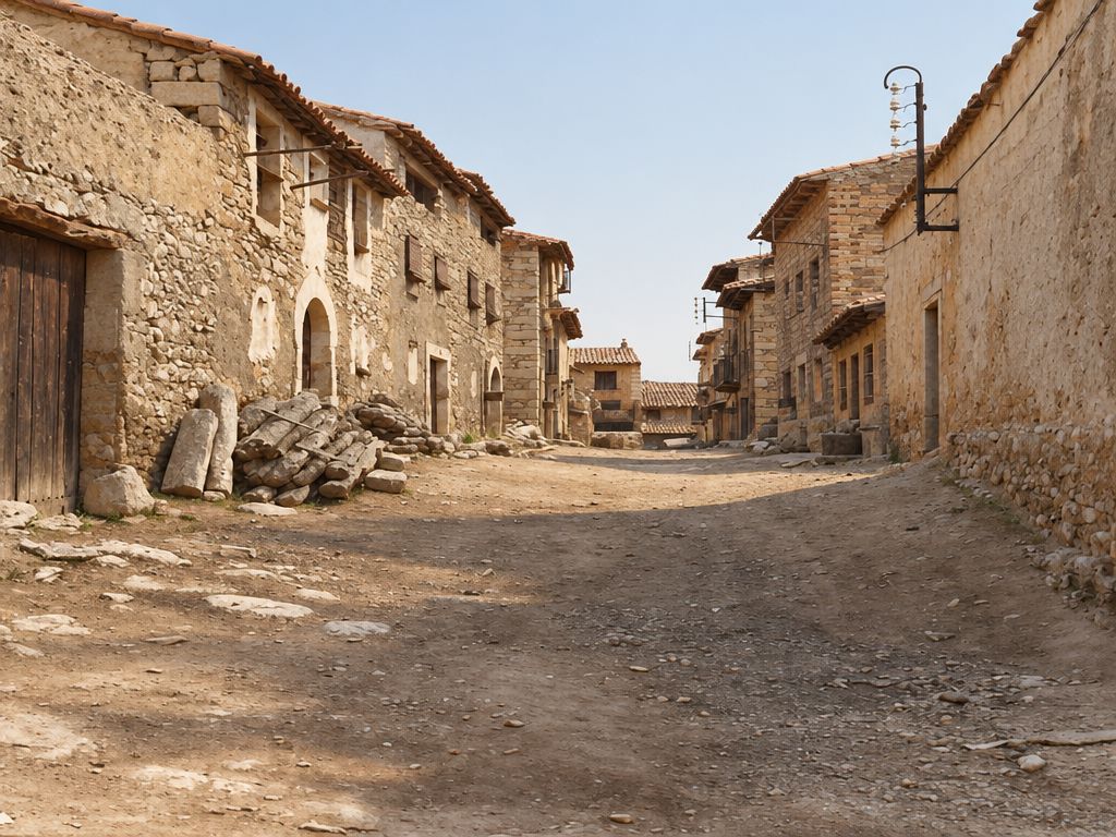 Calle ancha de tierra con casas bajas de mampostería y portales de arco, un montón de troncos junto a la pared y la calle cerrada al fondo.