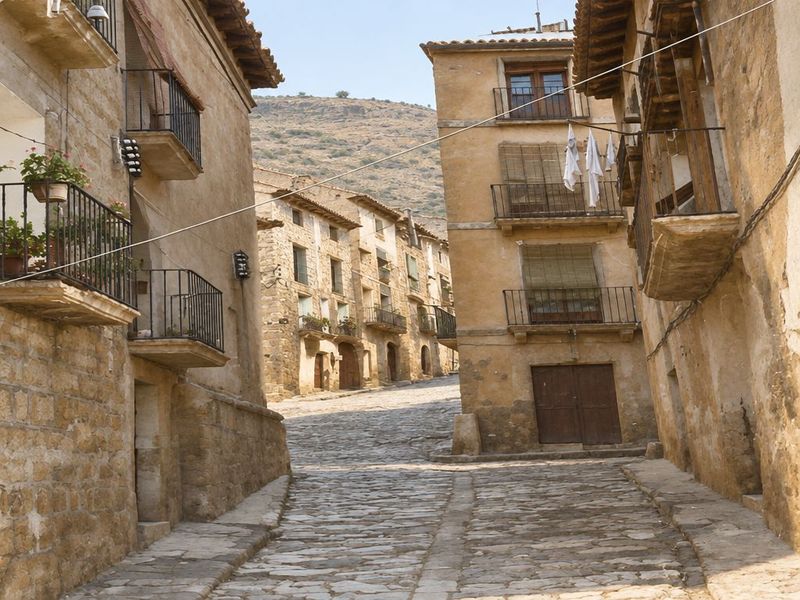Una cuesta empedrada se bifurca alrededor de una casa alta con balcones y ropa tendida, entre casas de piedra, con un cable que cruza la calle; no hay nadie.