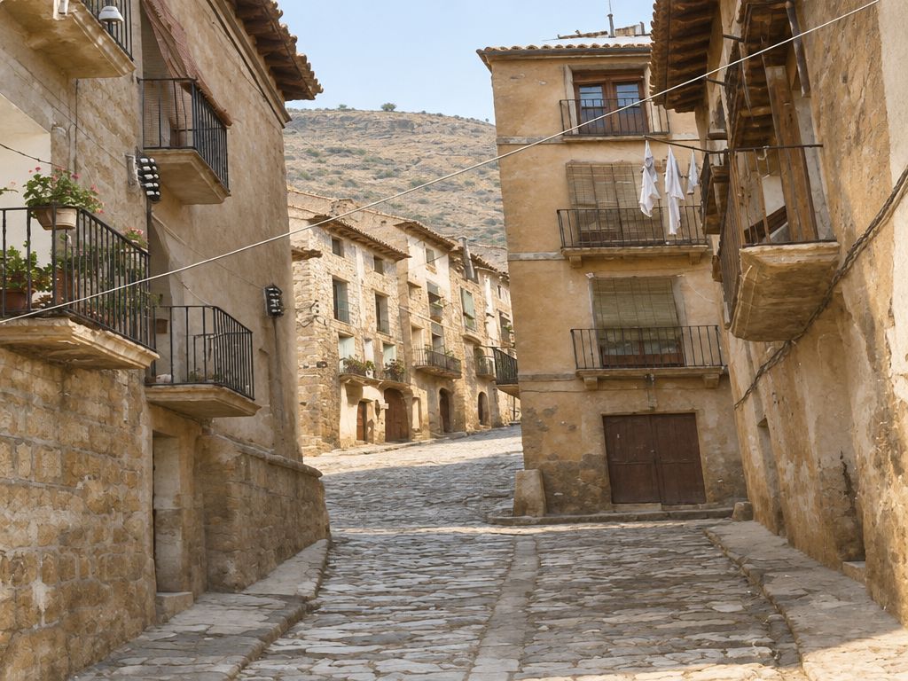 Una cuesta empedrada se bifurca alrededor de una casa alta con balcones y ropa tendida, entre casas de piedra, con un cable que cruza la calle; no hay nadie.