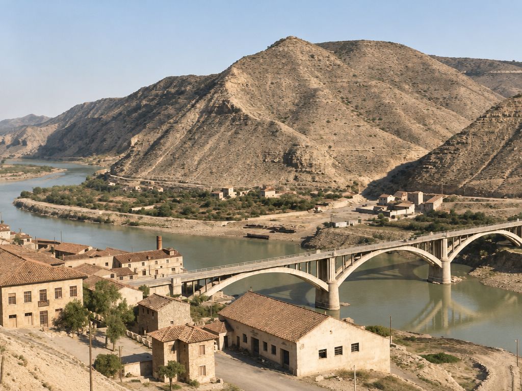 Puente de arcos sobre el río visto desde el pueblo, con casas de tejado a cuatro aguas y una nave larga en primer plano, y huertas y montes al fondo.
