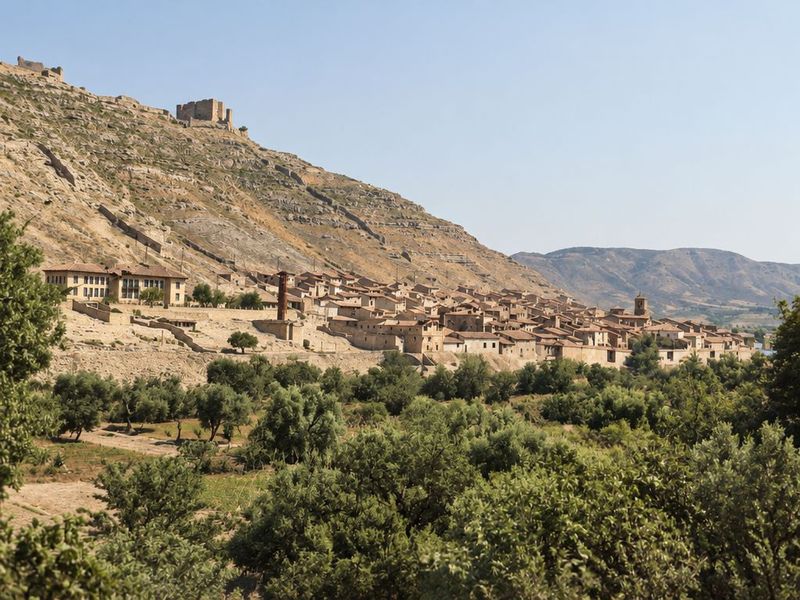 Caserío escalonado bajo el castillo, con la escuela a la izquierda, una chimenea alta y el campanario; delante, huertas y arboleda.