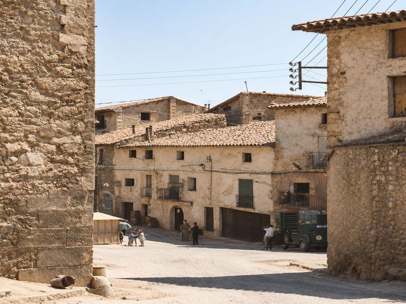 Una cuesta de casas de piedra baja hasta un ensanche, con un quiosco, un camión parado y niños y vecinos pequeños.