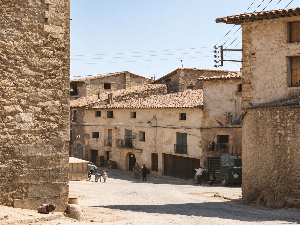 Una cuesta de casas de piedra baja hasta un ensanche, con un quiosco, un camión parado y niños y vecinos pequeños.