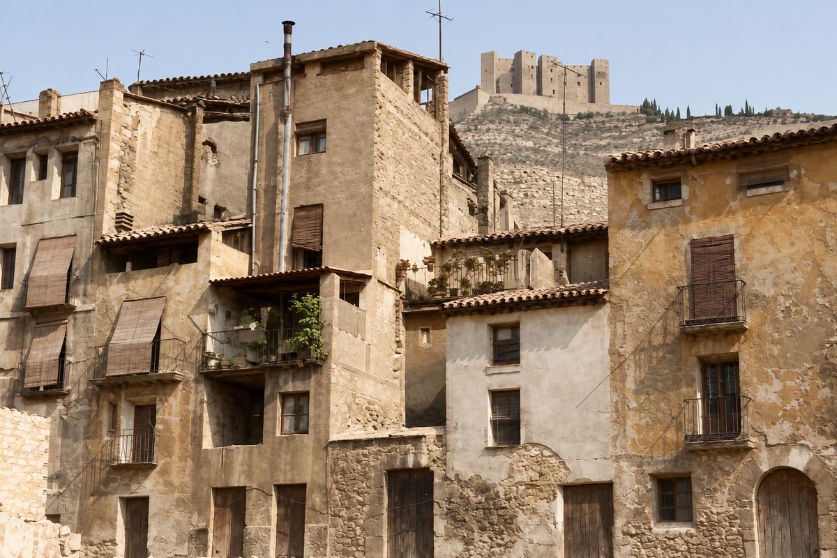 Frente de casas altas con persianas de lona, balcones y plantas, y el castillo en lo alto del cerro detrás.