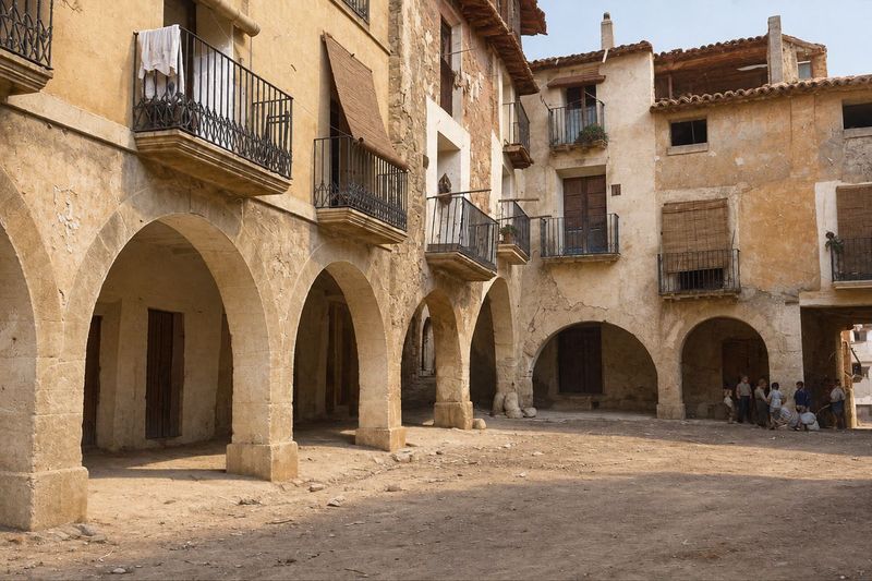Arcos sobre pilares de piedra y casas con balcones de forja alrededor de una plaza de tierra; unos niños pequeños junto a un portal al fondo.