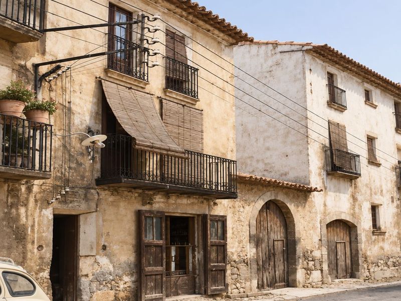Fachadas con un balcón corrido y toldo de cañizo, una farola de brazo, una tienda y dos portales de arco; un coche aparece en el borde inferior izquierdo.