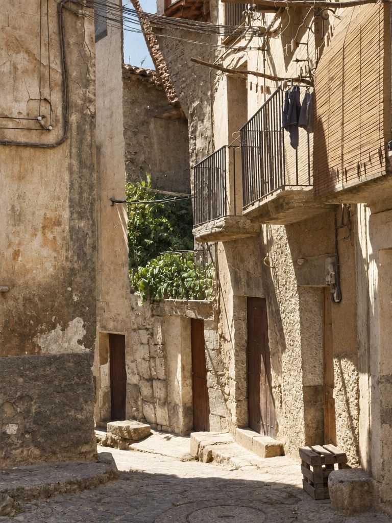 Calleja en sombra con balcones sobre ménsulas, ropa tendida, portales de piedra y un toldo de cañizo en la fachada de la derecha.