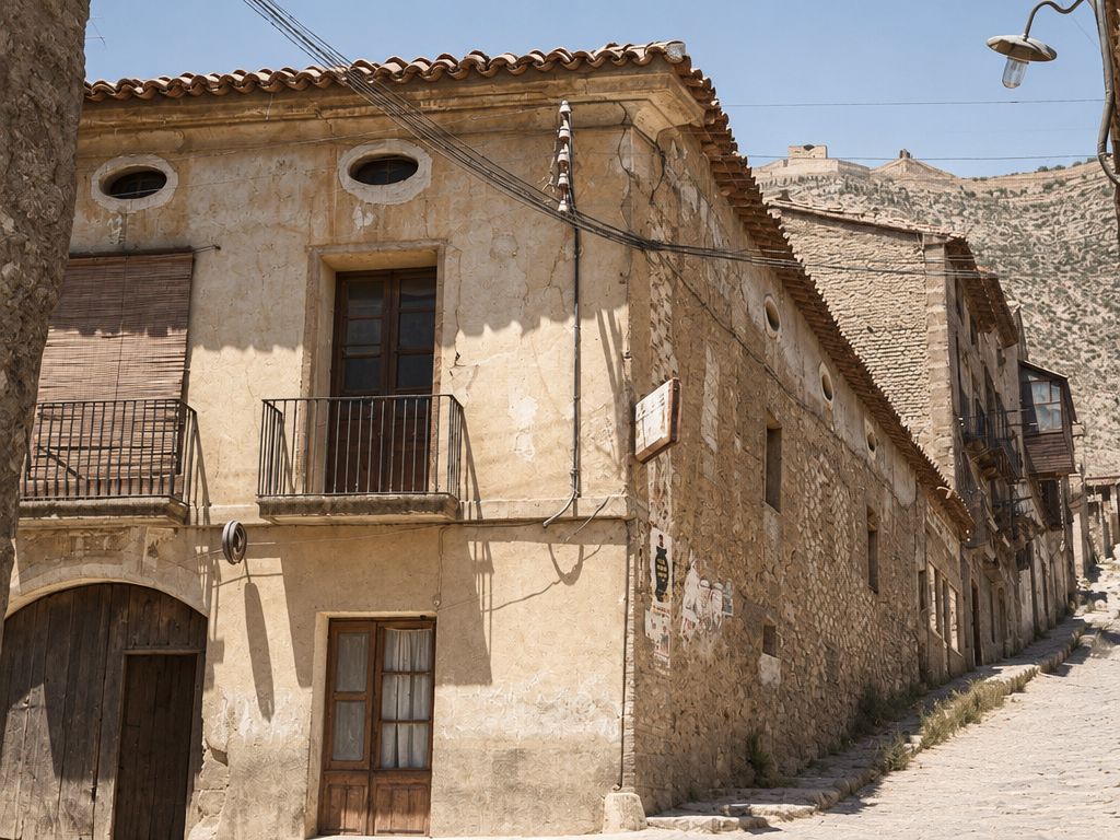 Casa en esquina con óculos ovalados, balcones de forja, persiana de caña y un portal de arco, con una farola de brazo y un cerro con el castillo detrás.